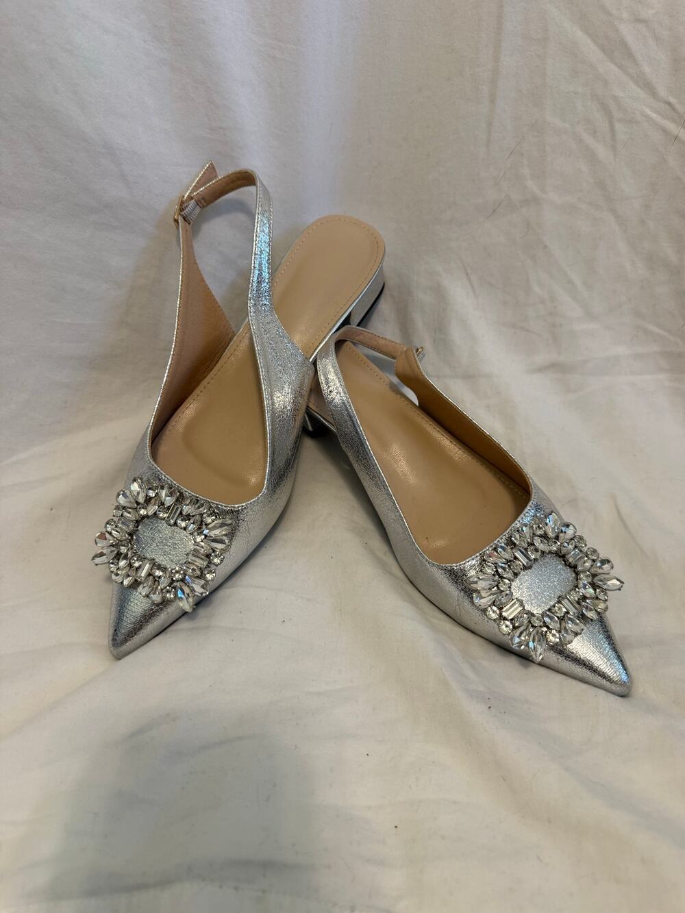 Silver Metallic Pointed Toe Kitten Heels with Sparkly Buckle Detail
